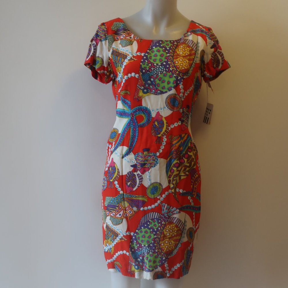 NWT Womens Cynthia Howie Petites Multicolor Fish Print Sheath Dress 6P *